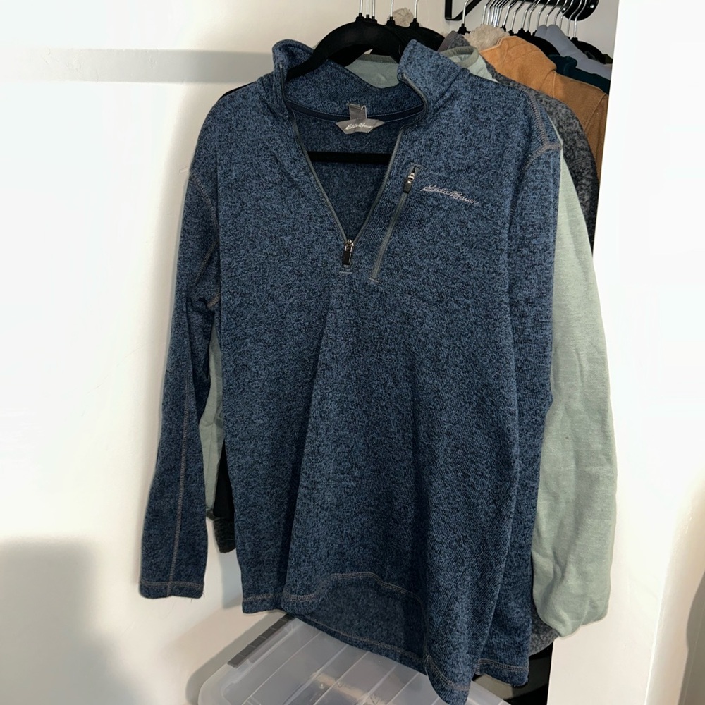 Eddie Bauer Men's Heathered Blue Quarter Zip-Up Sweater